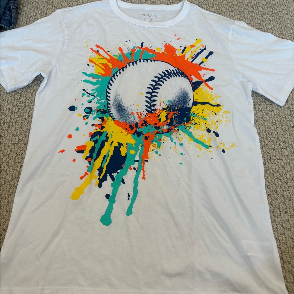 White T-Shirt with Colorful Baseball Design